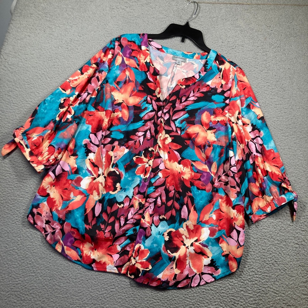 Catherines Blouse‎ Women 0X Multicolor Floral Button Front Tie Cuff Split Neck